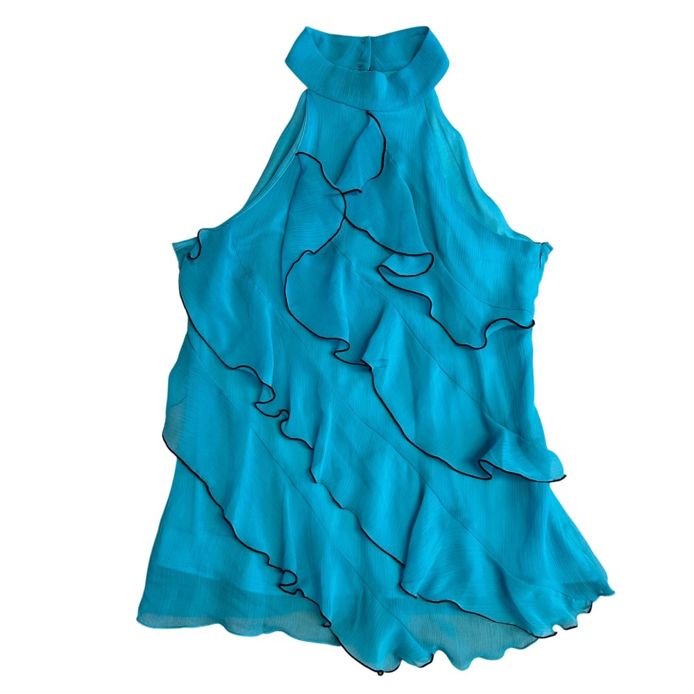 Aqua Womens Halter Medium Blue Ruffle Tiered Top Mock Neck Chiffon Blouse